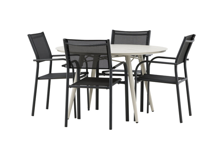 Venture Home Lina Dining Table - Beige - Round 120 cm _1+ Santorini Arm Chair (Stackable) - Black alu / Black Textilene _4