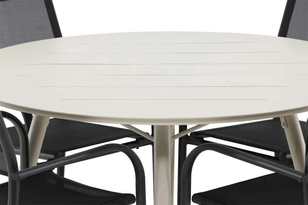 Venture Home Lina Dining Table - Beige - Round 120 cm _1+ Santorini Arm Chair (Stackable) - Black alu / Black Textilene _4