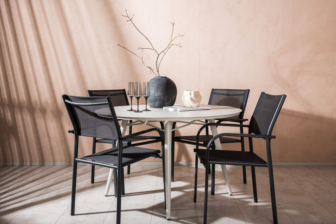 Venture Home Lina Dining Table - Beige - Round 120 cm _1+ Santorini Arm Chair (Stackable) - Black alu / Black Textilene _4