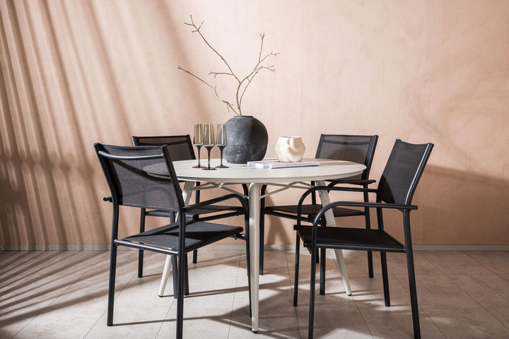 Venture Home Lina Dining Table - Beige - Round 120 cm _1+ Santorini Arm Chair (Stackable) - Black alu / Black Textilene _4