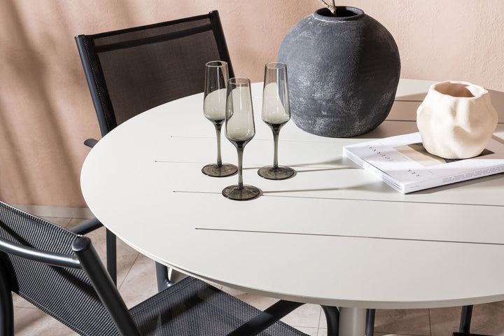 Venture Home Lina Dining Table - Beige - Round 120 cm _1+ Santorini Arm Chair (Stackable) - Black alu / Black Textilene _4
