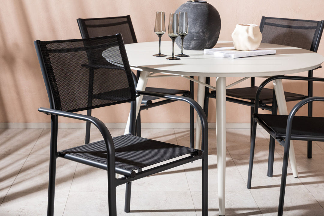 Venture Home Lina Dining Table - Beige - Round 120 cm _1+ Santorini Arm Chair (Stackable) - Black alu / Black Textilene _4