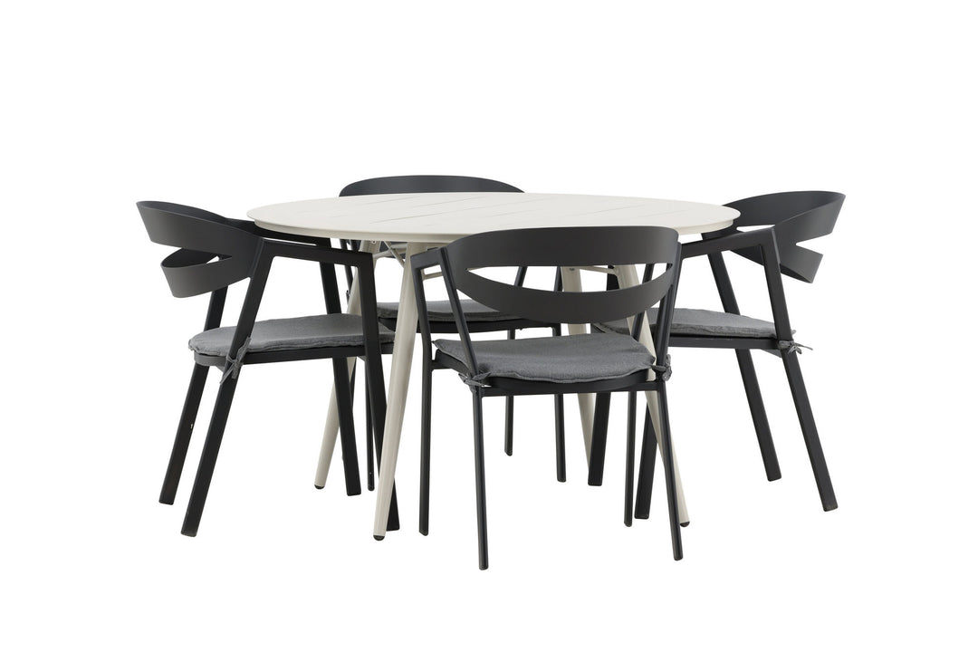 Venture Home Lina Dining Table - Beige - Round 120 cm _1+ Slit - Dining Chair inc Cushion- Black /Grey - Aluminium - _4
