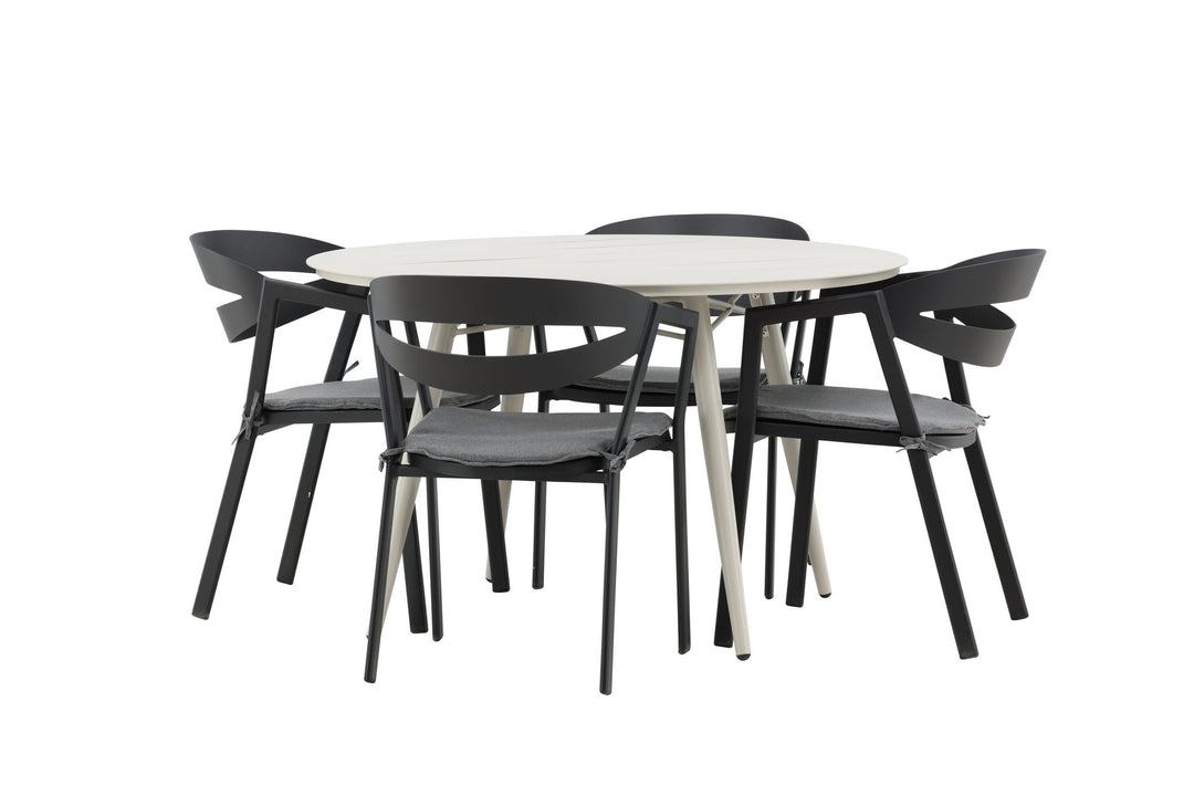 Venture Home Lina Dining Table - Beige - Round 120 cm _1+ Slit - Dining Chair inc Cushion- Black /Grey - Aluminium - _4