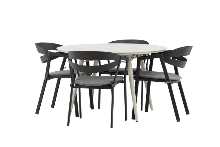 Venture Home Lina Dining Table - Beige - Round 120 cm _1+ Slit - Dining Chair inc Cushion- Black /Grey - Aluminium - _4