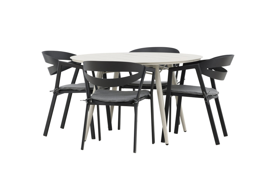 Venture Home Lina Dining Table - Beige - Round 120 cm _1+ Slit - Dining Chair inc Cushion- Black /Grey - Aluminium - _4