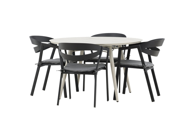 Venture Home Lina Dining Table - Beige - Round 120 cm _1+ Slit - Dining Chair inc Cushion- Black /Grey - Aluminium - _4