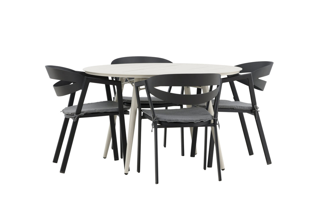 Venture Home Lina Dining Table - Beige - Round 120 cm _1+ Slit - Dining Chair inc Cushion- Black /Grey - Aluminium - _4