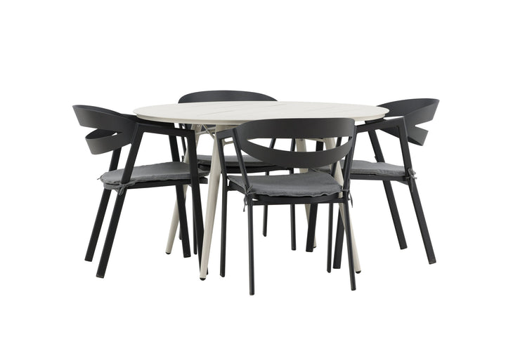 Venture Home Lina Dining Table - Beige - Round 120 cm _1+ Slit - Dining Chair inc Cushion- Black /Grey - Aluminium - _4