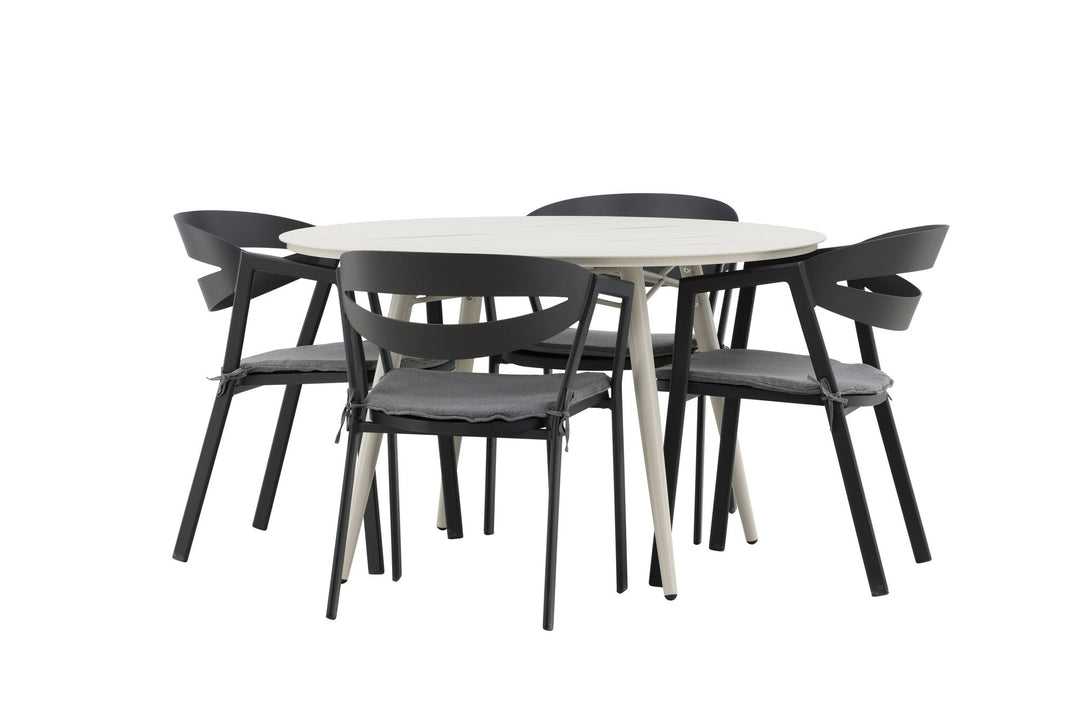 Venture Home Lina Dining Table - Beige - Round 120 cm _1+ Slit - Dining Chair inc Cushion- Black /Grey - Aluminium - _4