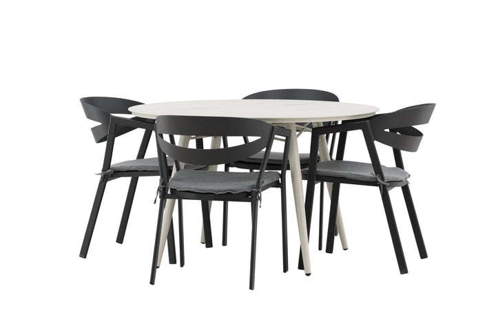 Venture Home Lina Dining Table - Beige - Round 120 cm _1+ Slit - Dining Chair inc Cushion- Black /Grey - Aluminium - _4