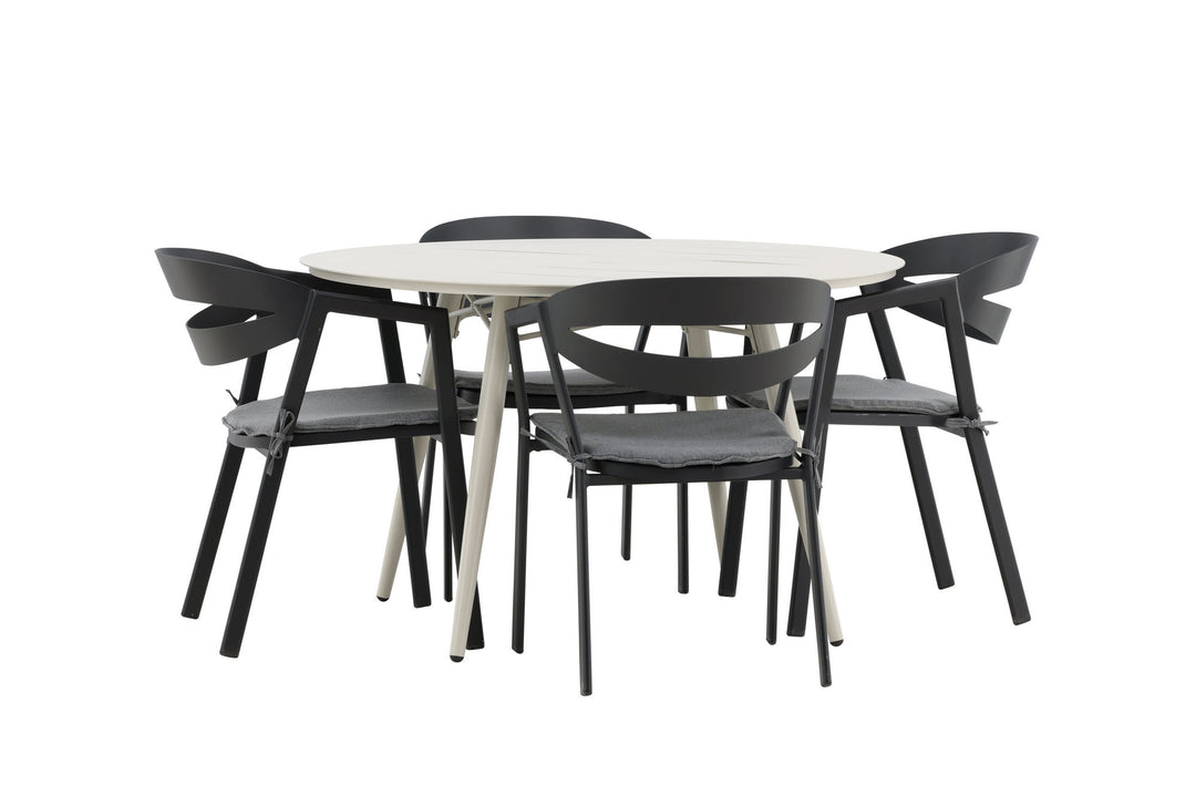 Venture Home Lina Dining Table - Beige - Round 120 cm _1+ Slit - Dining Chair inc Cushion- Black /Grey - Aluminium - _4