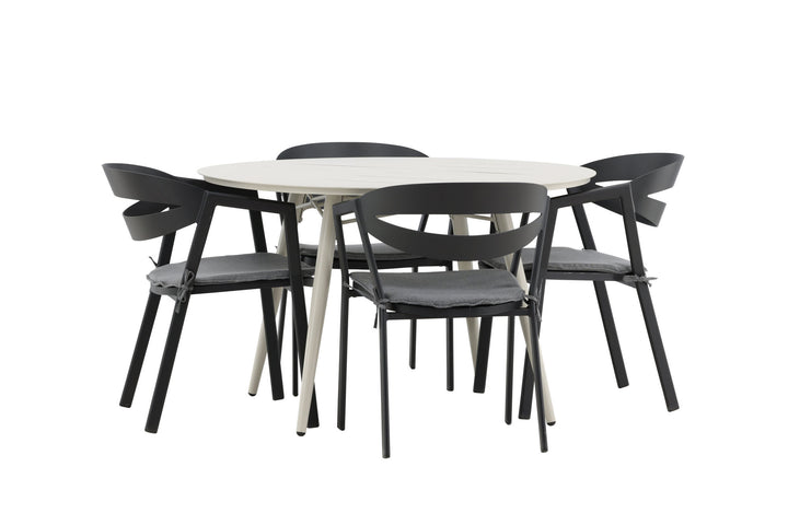 Venture Home Lina Dining Table - Beige - Round 120 cm _1+ Slit - Dining Chair inc Cushion- Black /Grey - Aluminium - _4