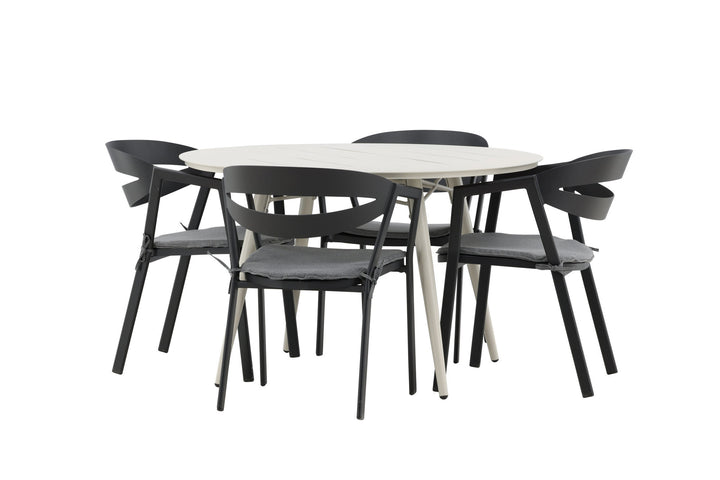Venture Home Lina Dining Table - Beige - Round 120 cm _1+ Slit - Dining Chair inc Cushion- Black /Grey - Aluminium - _4