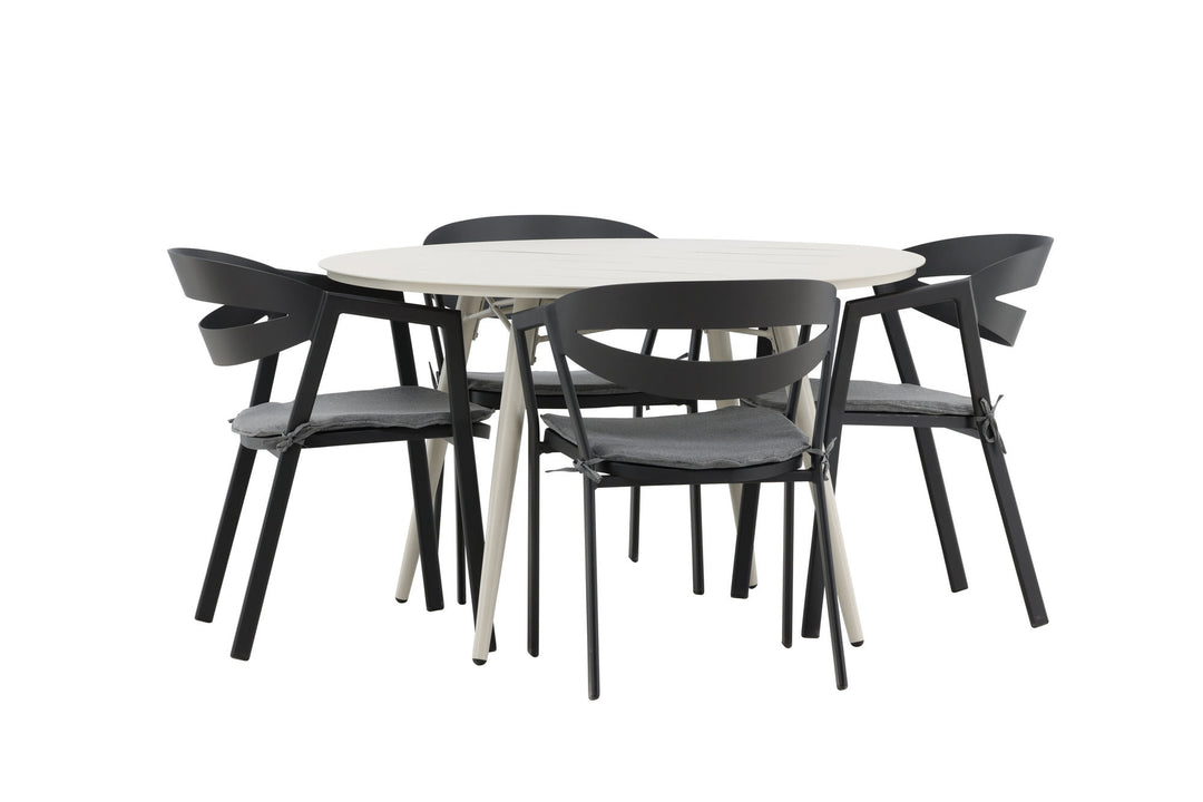 Venture Home Lina Dining Table - Beige - Round 120 cm _1+ Slit - Dining Chair inc Cushion- Black /Grey - Aluminium - _4