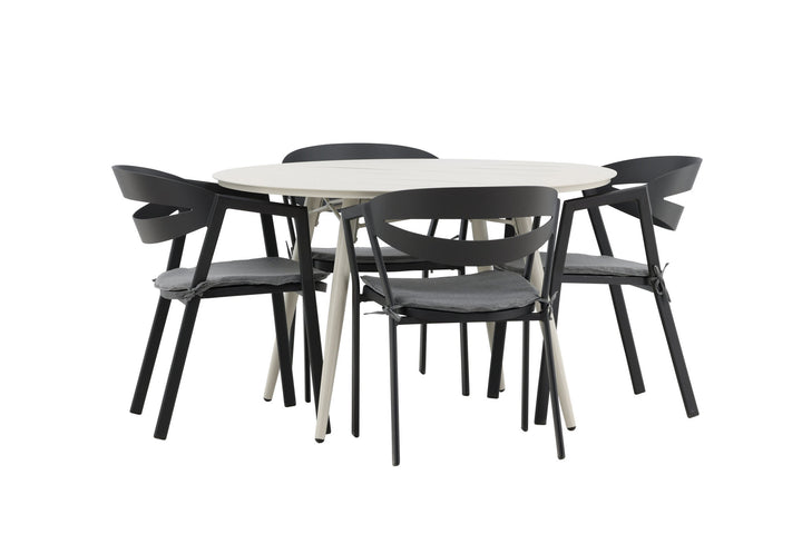 Venture Home Lina Dining Table - Beige - Round 120 cm _1+ Slit - Dining Chair inc Cushion- Black /Grey - Aluminium - _4
