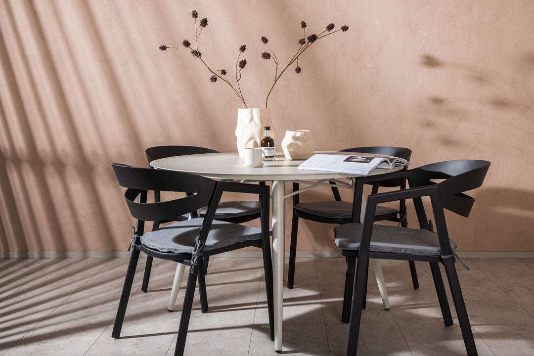 Venture Home Lina Dining Table - Beige - Round 120 cm _1+ Slit - Dining Chair inc Cushion- Black /Grey - Aluminium - _4