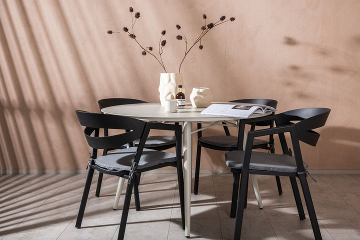 Venture Home Lina Dining Table - Beige - Round 120 cm _1+ Slit - Dining Chair inc Cushion- Black /Grey - Aluminium - _4