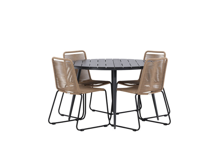 Venture Home Break - Dining Table Round- Black / Black - Alu / Aintwood - 120ø _1+ Lindos Stacking Chair - Black Alu / Latte Rope _4