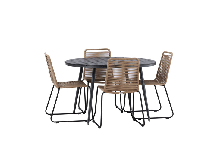 Venture Home Break - Dining Table Round- Black / Black - Alu / Aintwood - 120ø _1+ Lindos Stacking Chair - Black Alu / Latte Rope _4
