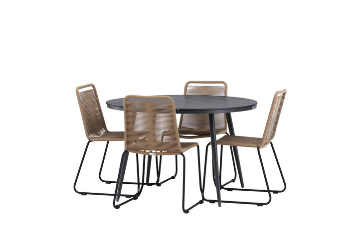 Venture Home Break - Dining Table Round- Black / Black - Alu / Aintwood - 120ø _1+ Lindos Stacking Chair - Black Alu / Latte Rope _4
