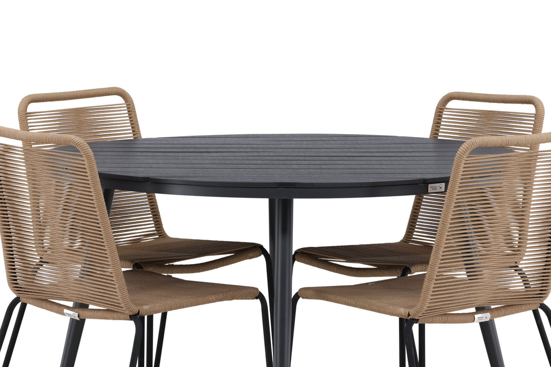 Venture Home Break - Dining Table Round- Black / Black - Alu / Aintwood - 120ø _1+ Lindos Stacking Chair - Black Alu / Latte Rope _4
