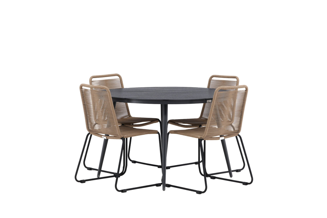 Venture Home Break - Dining Table Round- Black / Black - Alu / Aintwood - 120ø _1+ Lindos Stacking Chair - Black Alu / Latte Rope _4