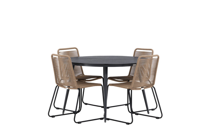 Venture Home Break - Dining Table Round- Black / Black - Alu / Aintwood - 120ø _1+ Lindos Stacking Chair - Black Alu / Latte Rope _4