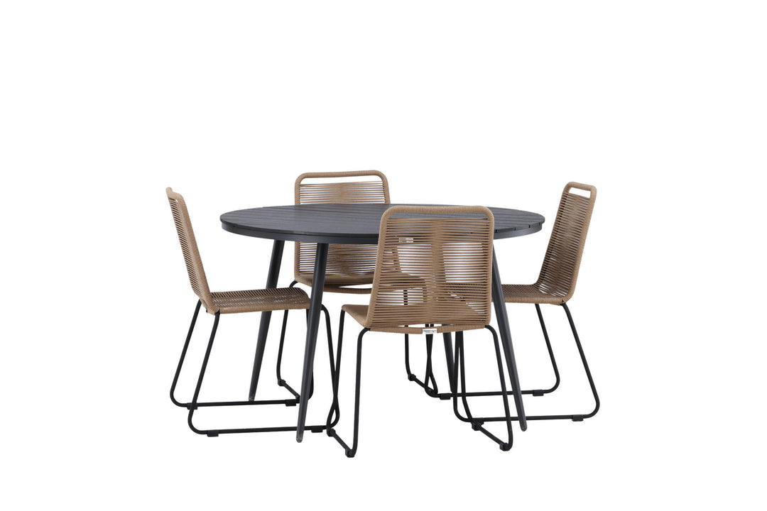Venture Home Break - Dining Table Round- Black / Black - Alu / Aintwood - 120ø _1+ Lindos Stacking Chair - Black Alu / Latte Rope _4