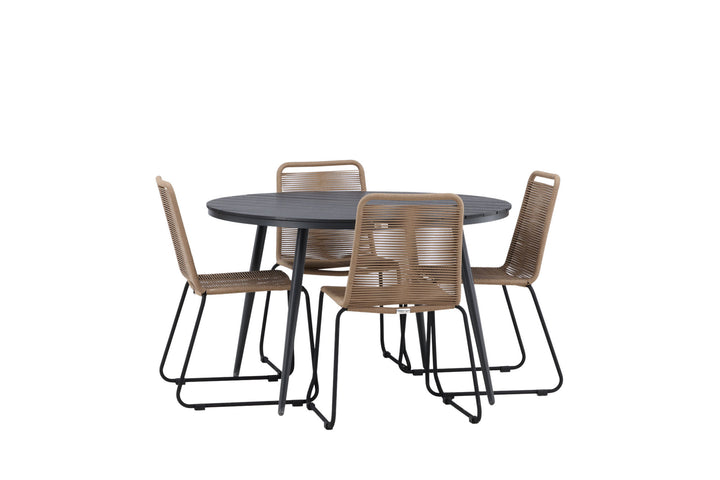 Venture Home Break - Dining Table Round- Black / Black - Alu / Aintwood - 120ø _1+ Lindos Stacking Chair - Black Alu / Latte Rope _4