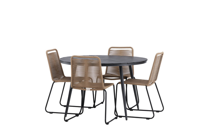 Venture Home Break - Dining Table Round- Black / Black - Alu / Aintwood - 120ø _1+ Lindos Stacking Chair - Black Alu / Latte Rope _4