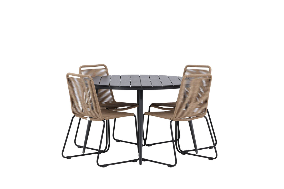 Venture Home Break - Dining Table Round- Black / Black - Alu / Aintwood - 120ø _1+ Lindos Stacking Chair - Black Alu / Latte Rope _4