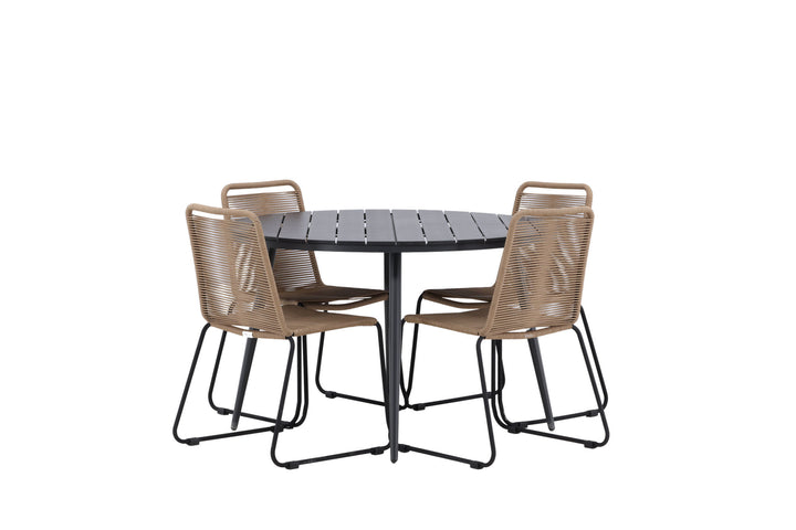 Venture Home Break - Dining Table Round- Black / Black - Alu / Aintwood - 120ø _1+ Lindos Stacking Chair - Black Alu / Latte Rope _4