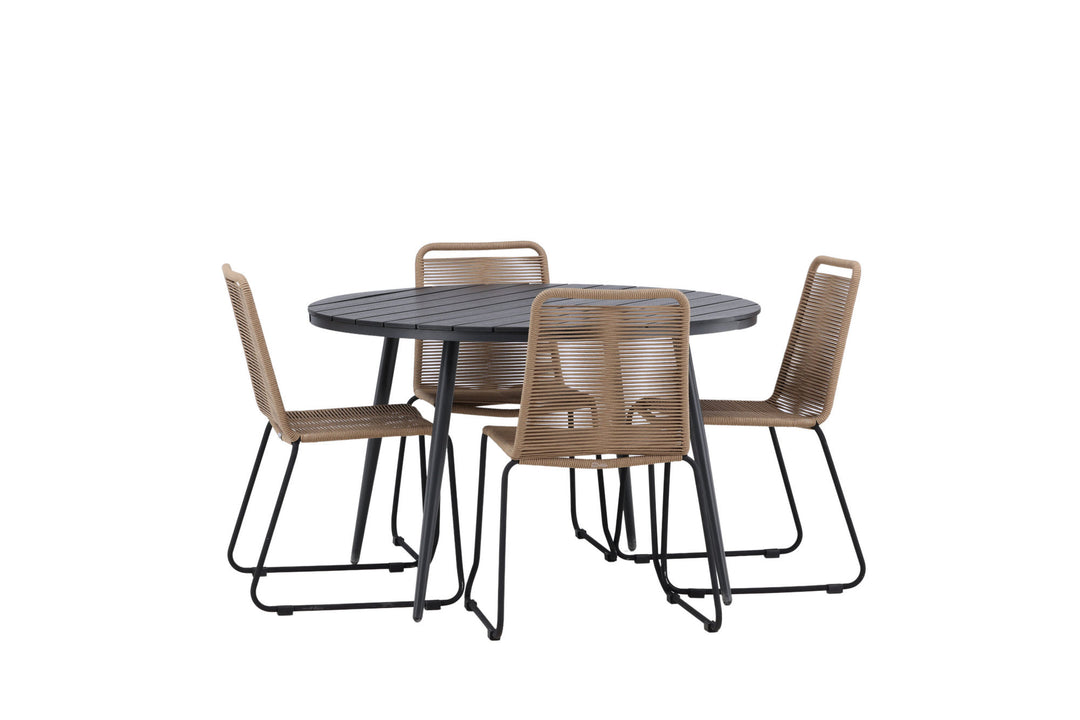 Venture Home Break - Dining Table Round- Black / Black - Alu / Aintwood - 120ø _1+ Lindos Stacking Chair - Black Alu / Latte Rope _4