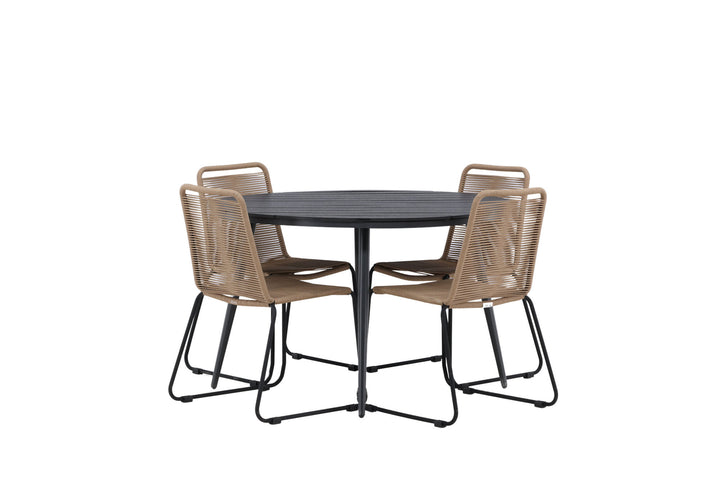 Venture Home Break - Dining Table Round- Black / Black - Alu / Aintwood - 120ø _1+ Lindos Stacking Chair - Black Alu / Latte Rope _4