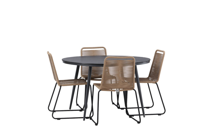 Venture Home Break - Dining Table Round- Black / Black - Alu / Aintwood - 120ø _1+ Lindos Stacking Chair - Black Alu / Latte Rope _4