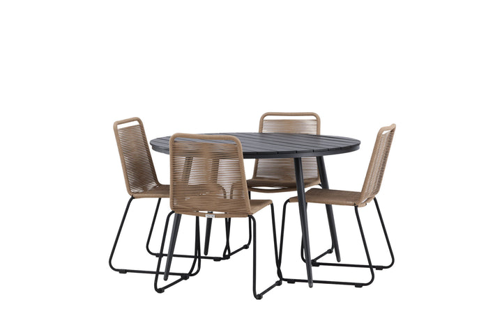 Venture Home Break - Dining Table Round- Black / Black - Alu / Aintwood - 120ø _1+ Lindos Stacking Chair - Black Alu / Latte Rope _4