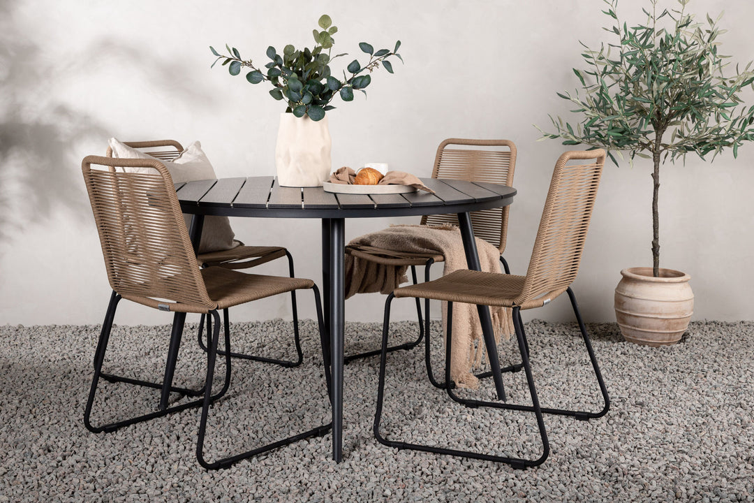Venture Home Break - Dining Table Round- Black / Black - Alu / Aintwood - 120ø _1+ Lindos Stacking Chair - Black Alu / Latte Rope _4