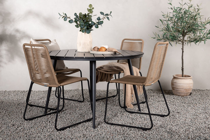 Venture Home Break - Dining Table Round- Black / Black - Alu / Aintwood - 120ø _1+ Lindos Stacking Chair - Black Alu / Latte Rope _4