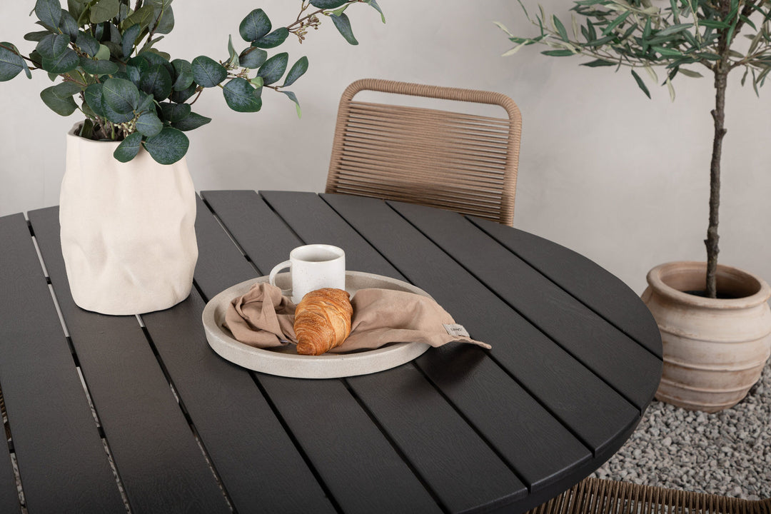 Venture Home Break - Dining Table Round- Black / Black - Alu / Aintwood - 120ø _1+ Lindos Stacking Chair - Black Alu / Latte Rope _4