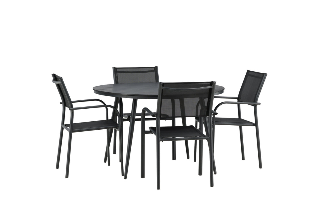 Venture Home Break - Dining Table Round- Black / Black - Alu / Aintwood - 120ø _1+ Santorini Arm Chair (Stackable) - Black alu / Black Textilene _4