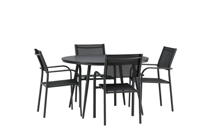 Venture Home Break - Dining Table Round- Black / Black - Alu / Aintwood - 120ø _1+ Santorini Arm Chair (Stackable) - Black alu / Black Textilene _4
