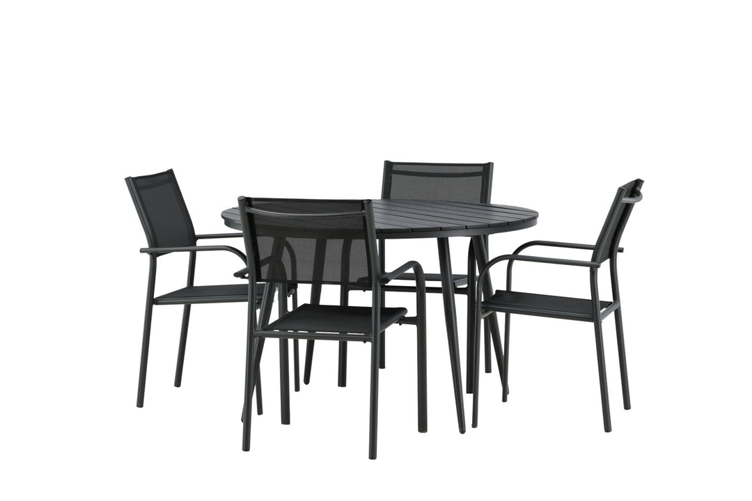 Venture Home Break - Dining Table Round- Black / Black - Alu / Aintwood - 120ø _1+ Santorini Arm Chair (Stackable) - Black alu / Black Textilene _4