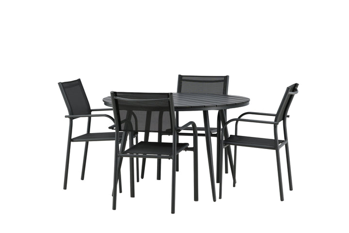 Venture Home Break - Dining Table Round- Black / Black - Alu / Aintwood - 120ø _1+ Santorini Arm Chair (Stackable) - Black alu / Black Textilene _4