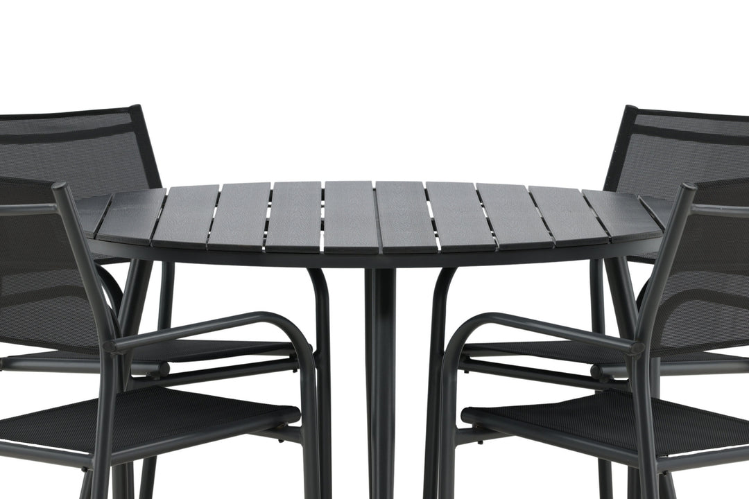Venture Home Break - Dining Table Round- Black / Black - Alu / Aintwood - 120ø _1+ Santorini Arm Chair (Stackable) - Black alu / Black Textilene _4