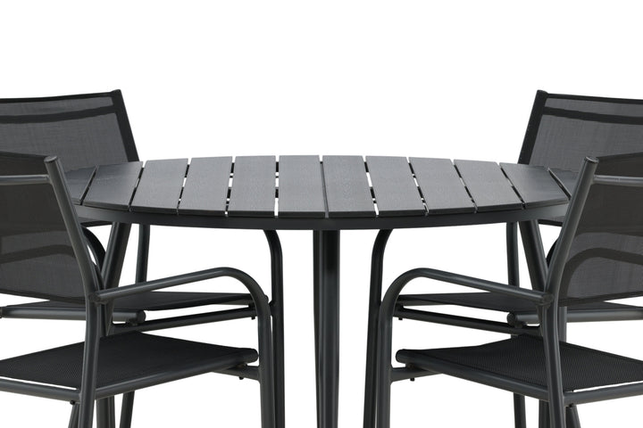Venture Home Break - Dining Table Round- Black / Black - Alu / Aintwood - 120ø _1+ Santorini Arm Chair (Stackable) - Black alu / Black Textilene _4
