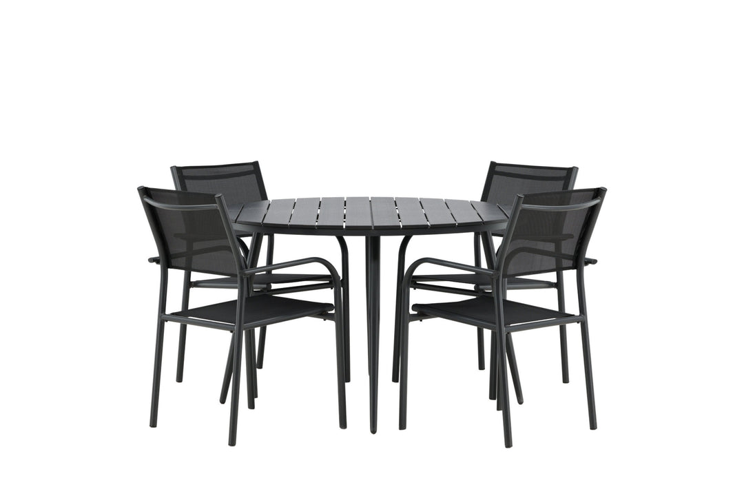 Venture Home Break - Dining Table Round- Black / Black - Alu / Aintwood - 120ø _1+ Santorini Arm Chair (Stackable) - Black alu / Black Textilene _4