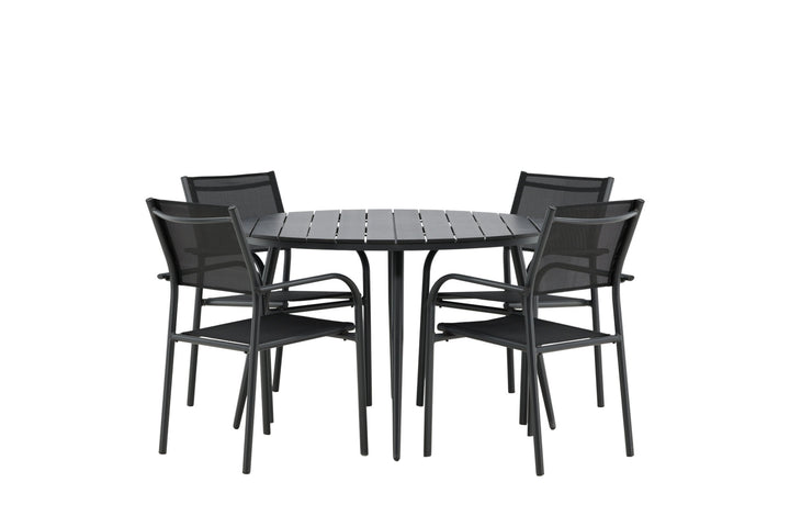 Venture Home Break - Dining Table Round- Black / Black - Alu / Aintwood - 120ø _1+ Santorini Arm Chair (Stackable) - Black alu / Black Textilene _4