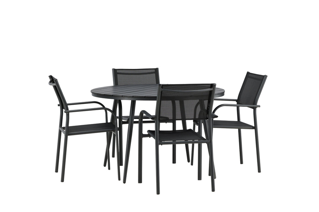 Venture Home Break - Dining Table Round- Black / Black - Alu / Aintwood - 120ø _1+ Santorini Arm Chair (Stackable) - Black alu / Black Textilene _4