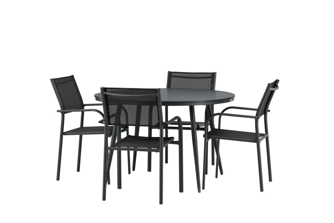 Venture Home Break - Dining Table Round- Black / Black - Alu / Aintwood - 120ø _1+ Santorini Arm Chair (Stackable) - Black alu / Black Textilene _4